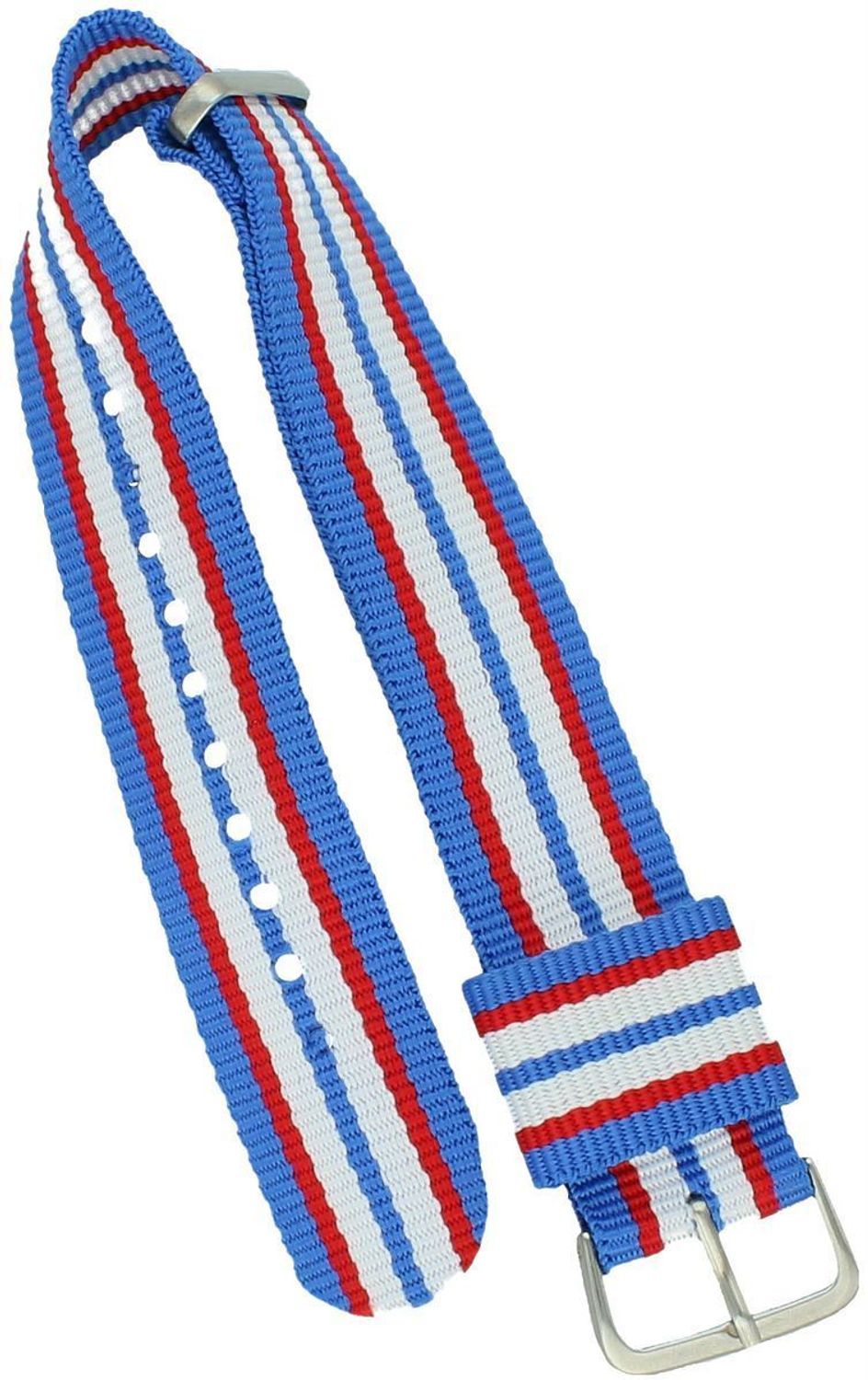 Pasek do zegarka NATO 003 w trójkolorowym wzorze – niebieski, czerwony i biały. Nylonowy, parciany, długość 26 cm, szerokość mocowania 20 mm. Idealny do zegarków sportowych i casualowych.2.jpg